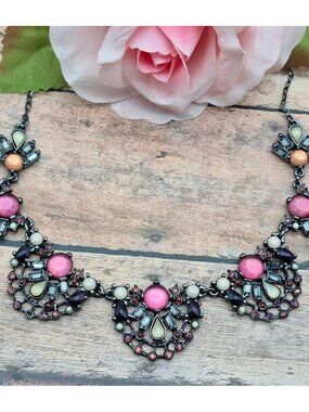 The Limited Gunmetal Black & Pink Bib Collar Necklace 19" Fairy Whimsigoth CUTE